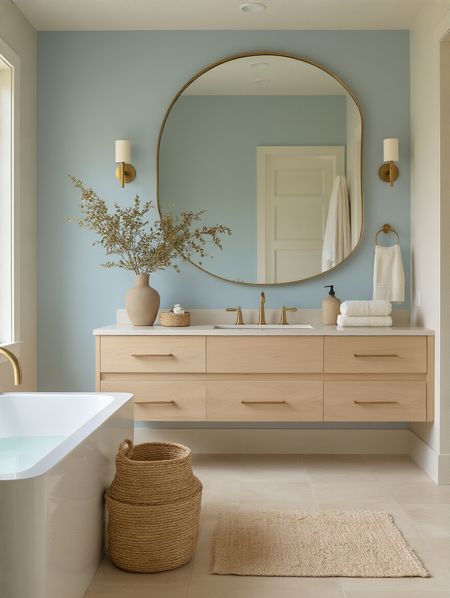 Vertical shot of a serene bathroom with sky blue feature wall, cream tiles, light maple floating vanity, woven baskets and brushed brass fixtures