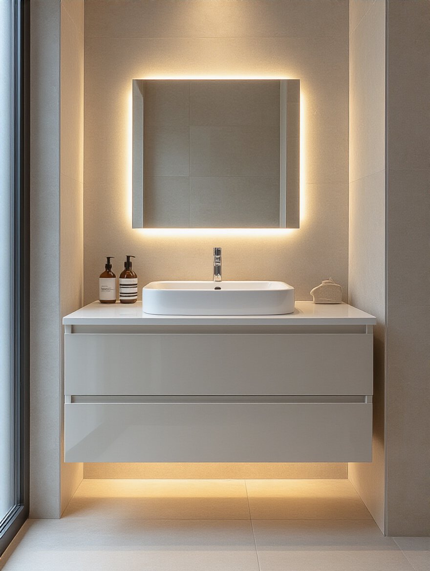 Small modern bathroom with bright space-saving floating vanity mounted on the wall, illuminated by natural and LED lighting, with visible floor space underneath