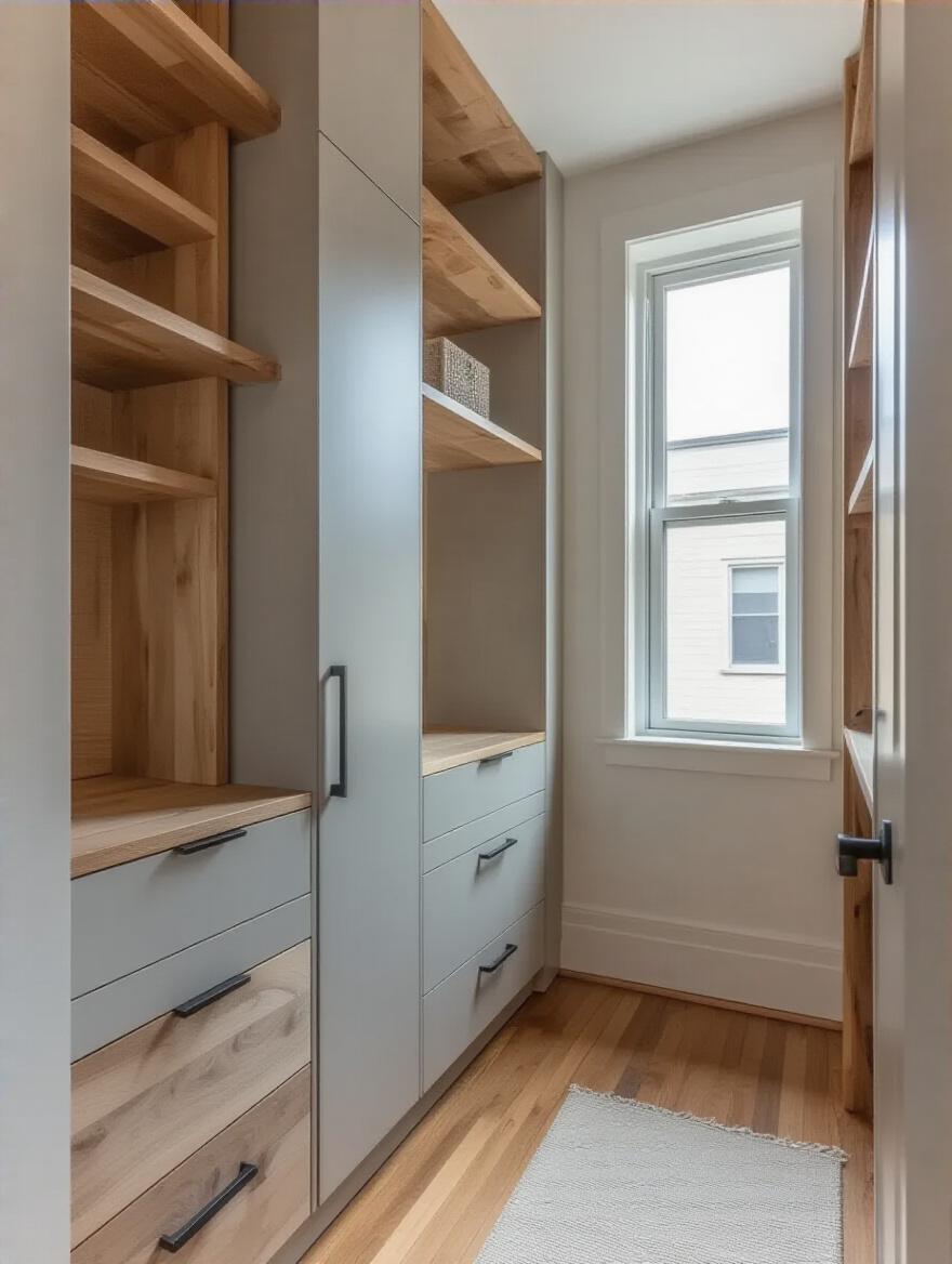 Small bedroom with tall floor-to-ceiling custom storage unit maximizing vertical space