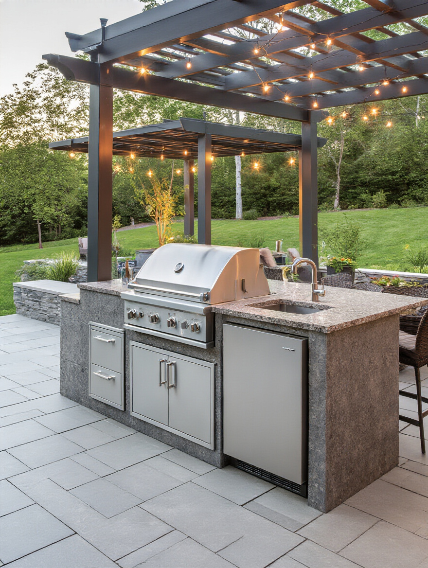 Vertical view of a modern outdoor kitchen and bar on a patio at dusk with string lights