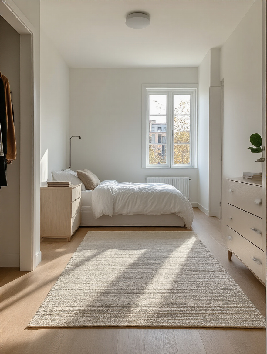 Small modern bedroom with clear high-traffic pathways and minimal furniture for seamless flow