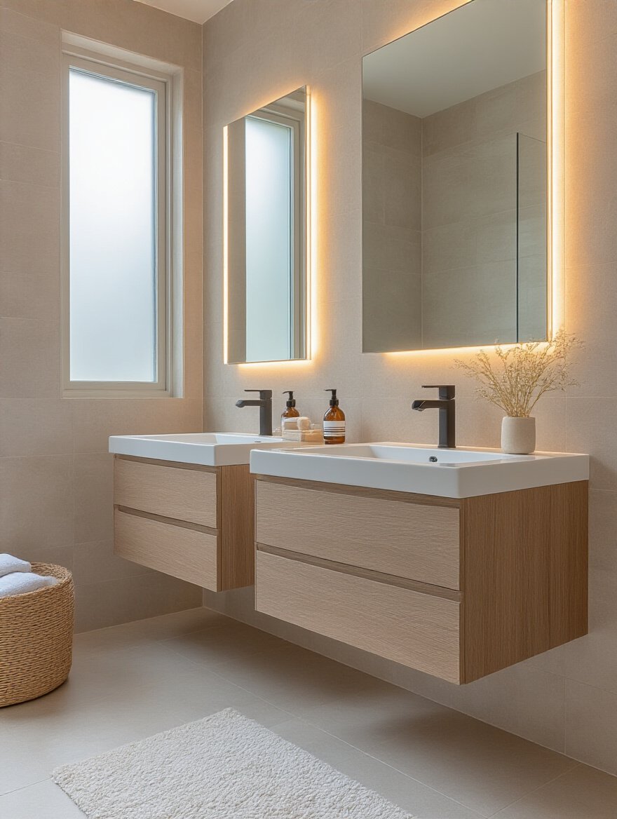 Modern bathroom featuring a wall-mounted vanity and a freestanding vanity side by side showcasing options for improved bathroom flow
