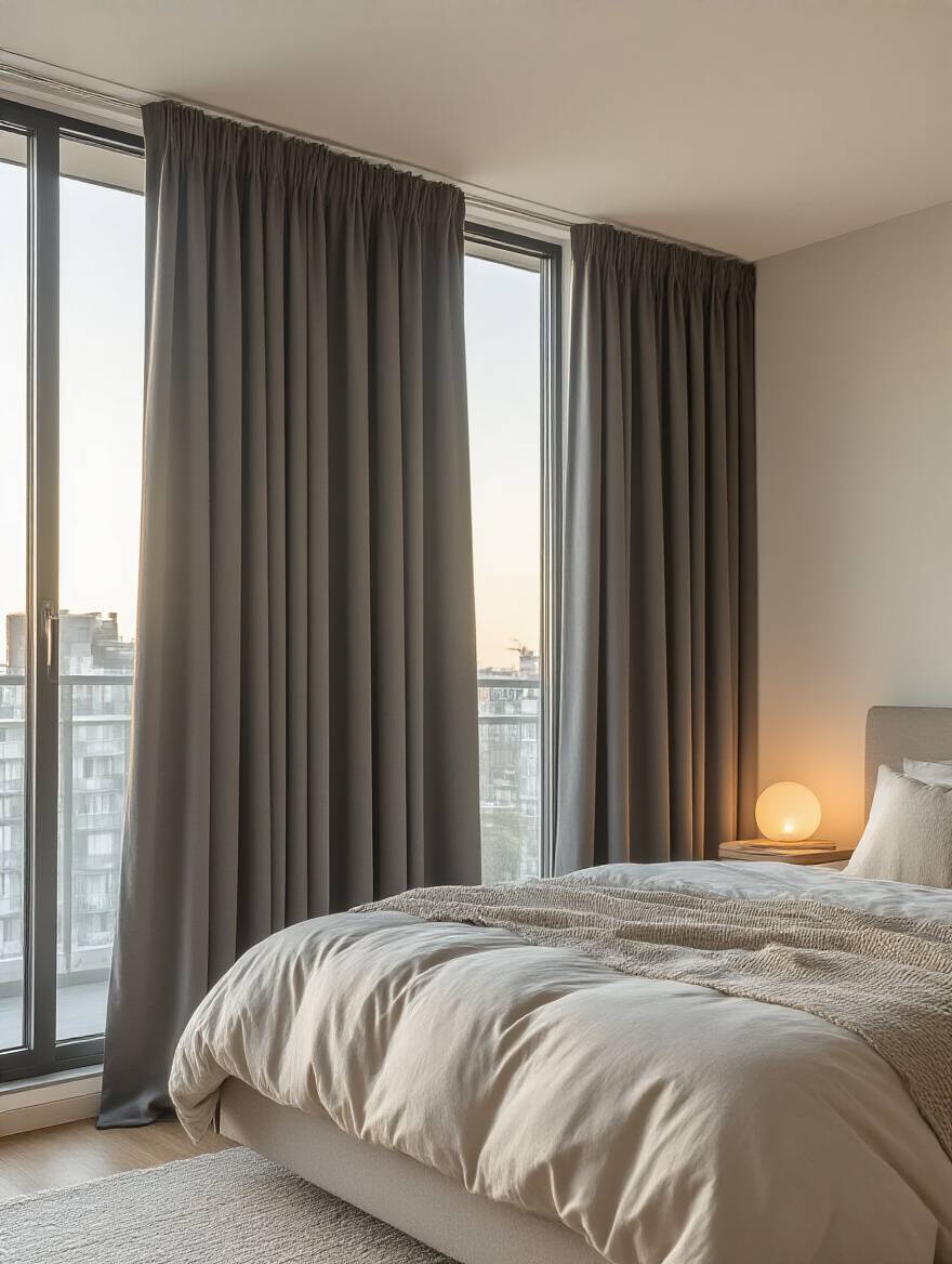 Modern apartment bedroom with fully closed dark blackout curtains blocking external light for improved sleep quality