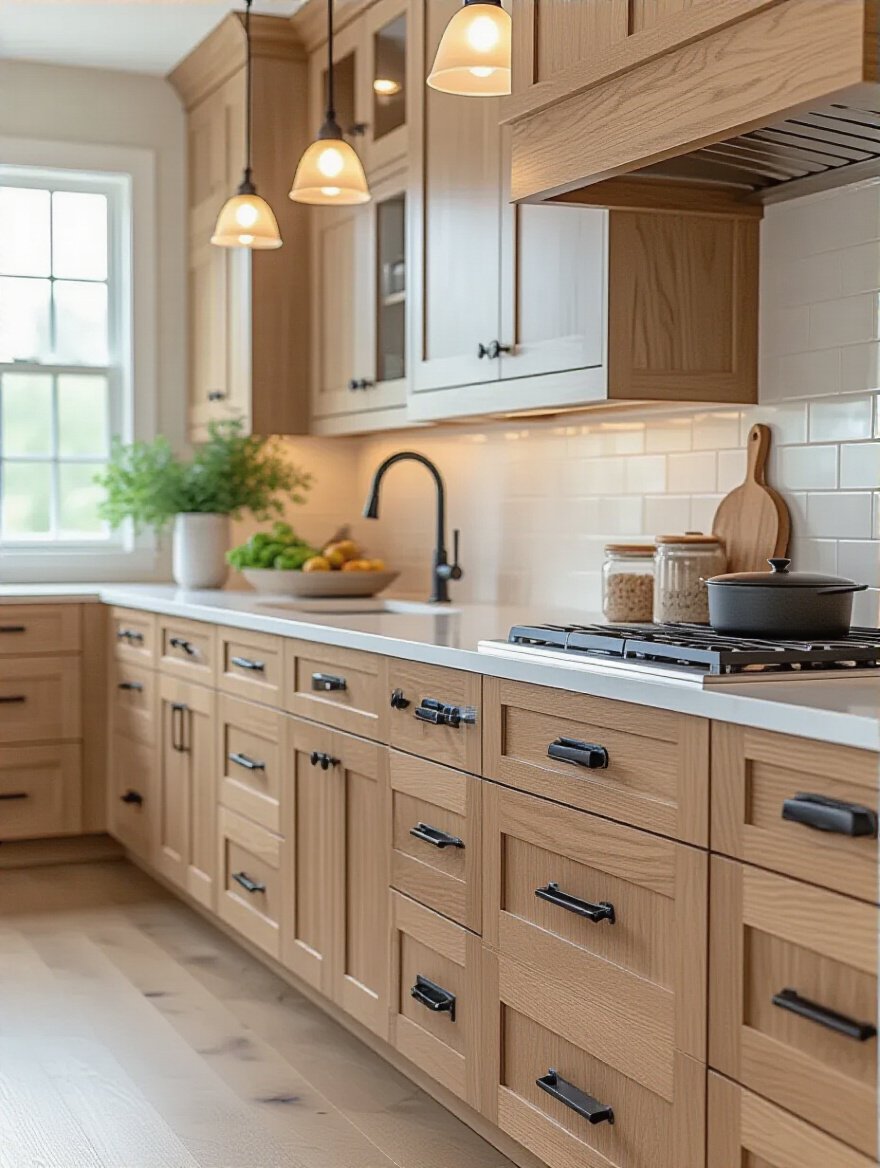 Modern kitchen cabinetry featuring cohesive matte black cabinet hardware, illuminated by natural and ambient light