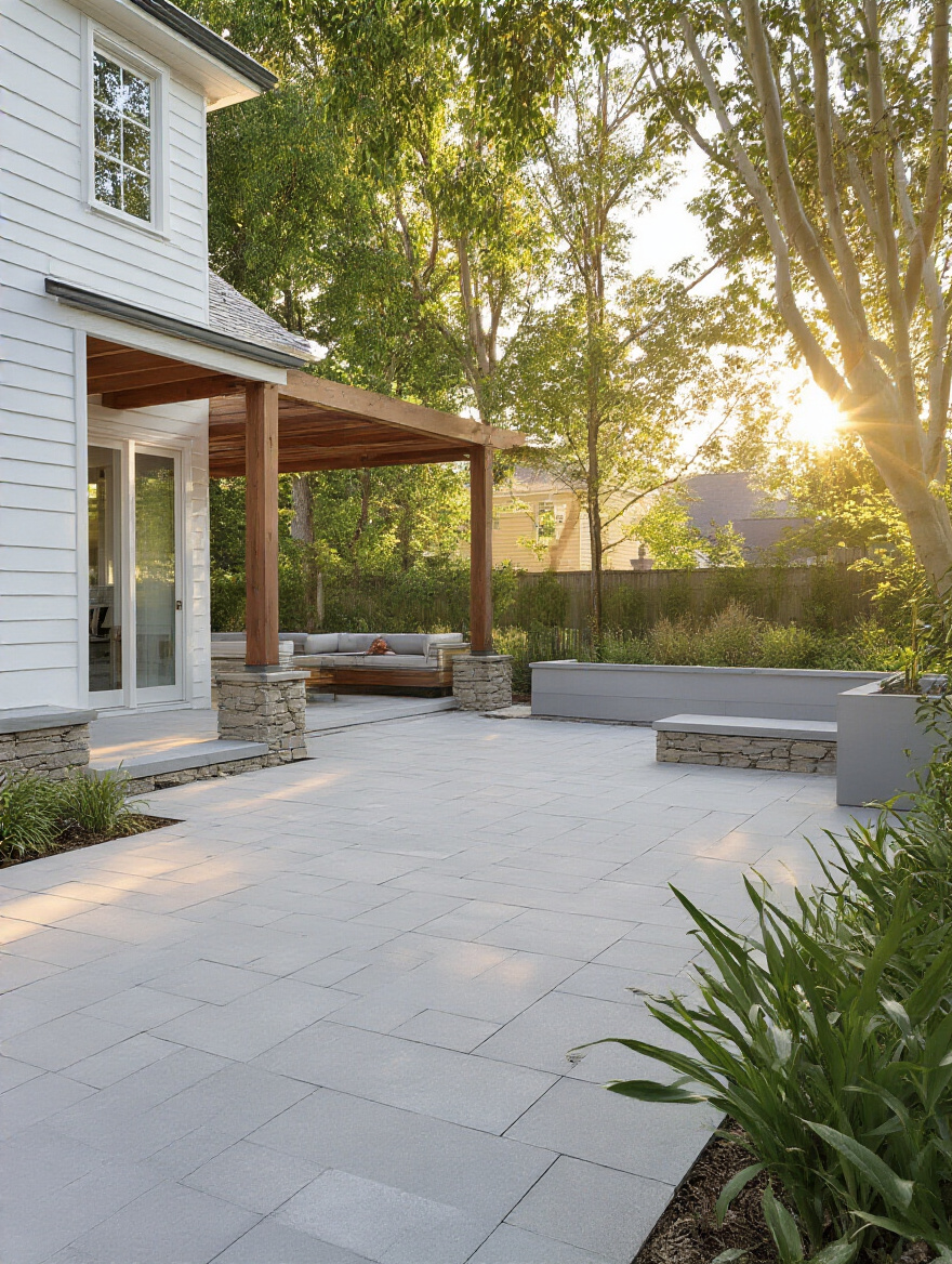 Portrait view of a backyard patio with durable porcelain pavers in light gray, seamlessly matching modern farmhouse styling and climate.