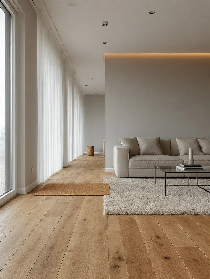 Modern living room highlighting diverse flooring materials: hardwood, carpet, and cork textures