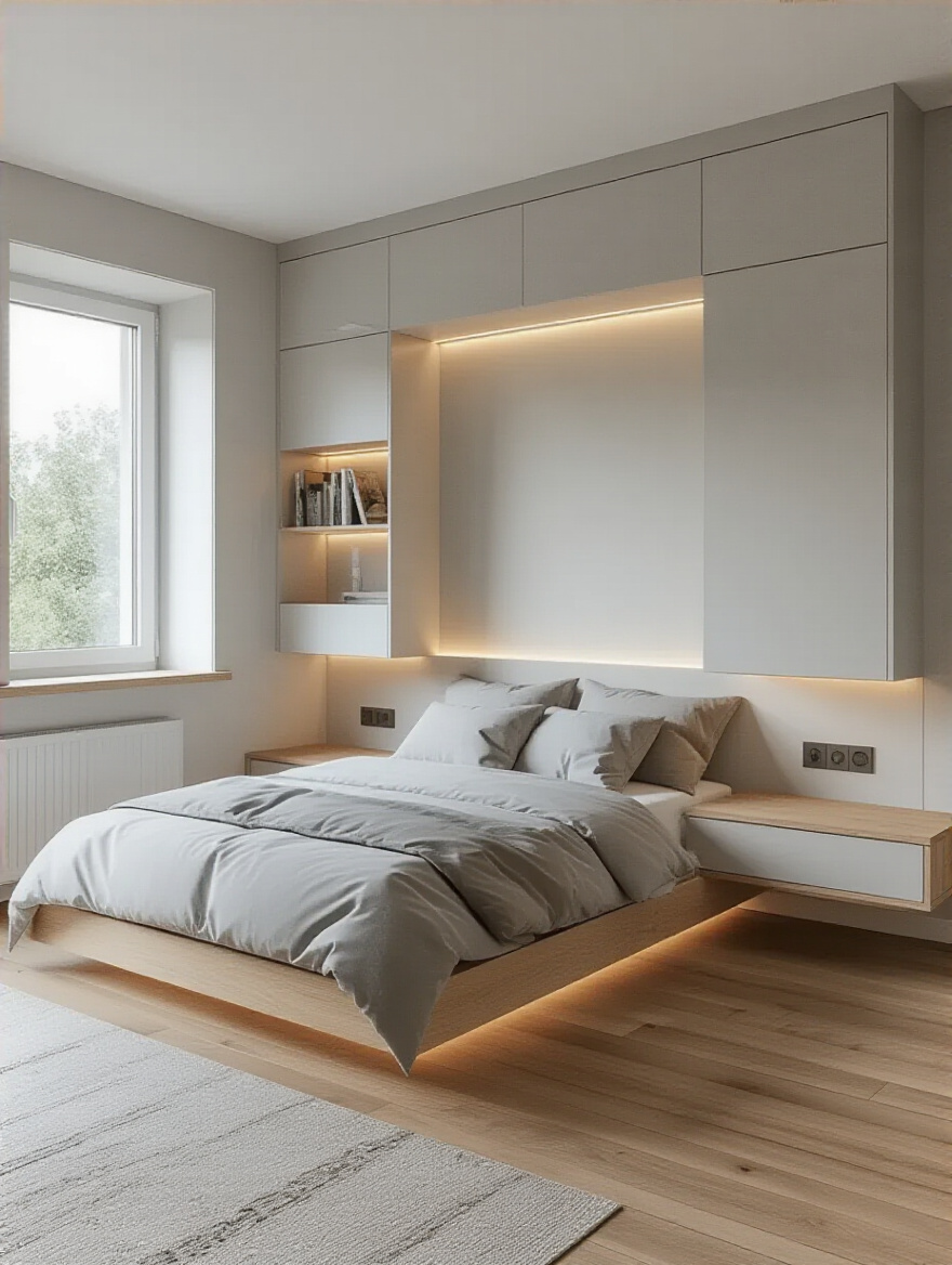 Small bedroom with wall-mounted shelves and legged platform bed showing open floor space and modern design