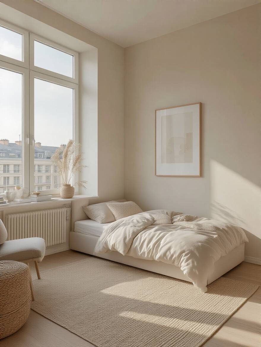 Apartment bedroom painted in light pastel and off-white colors with natural lighting to visually enlarge the room