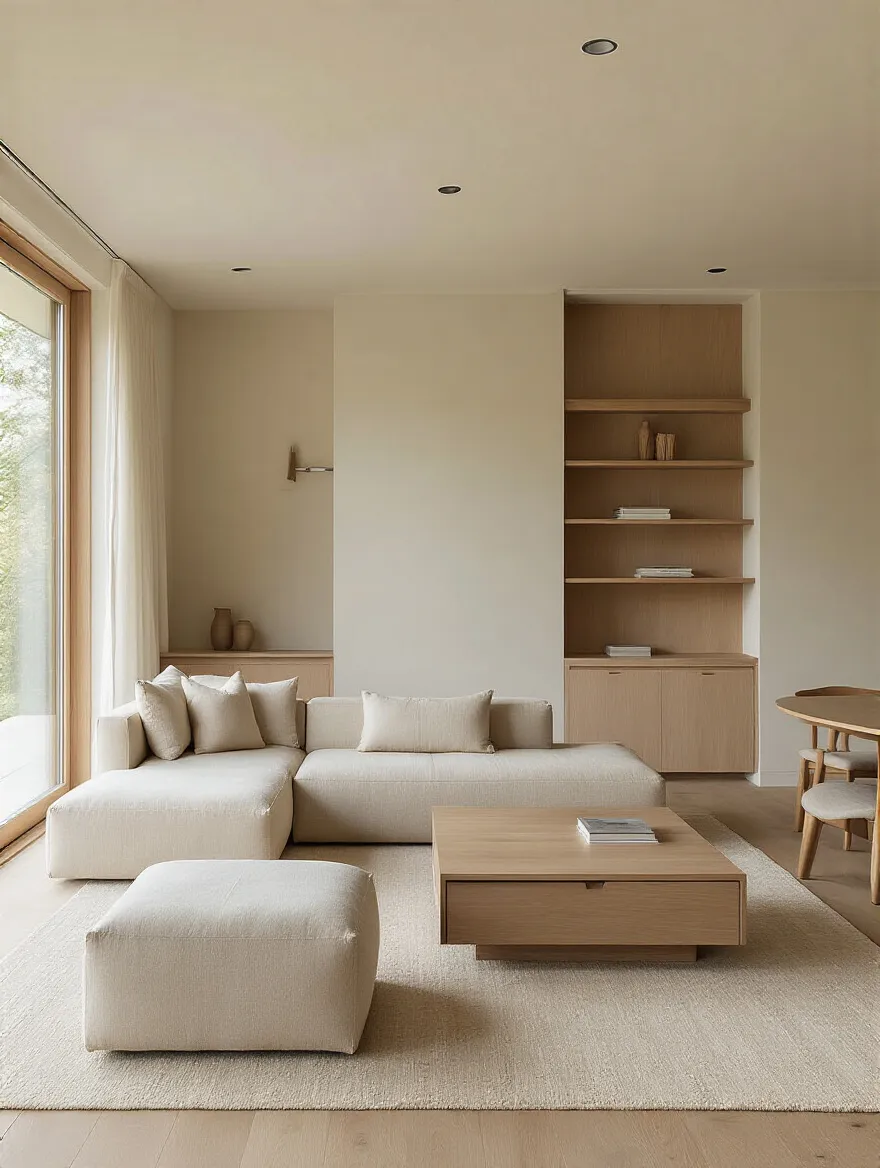 Minimalist living room with multi-functional furniture, hidden-storage coffee table, lift-top ottoman, neutral tones, natural light