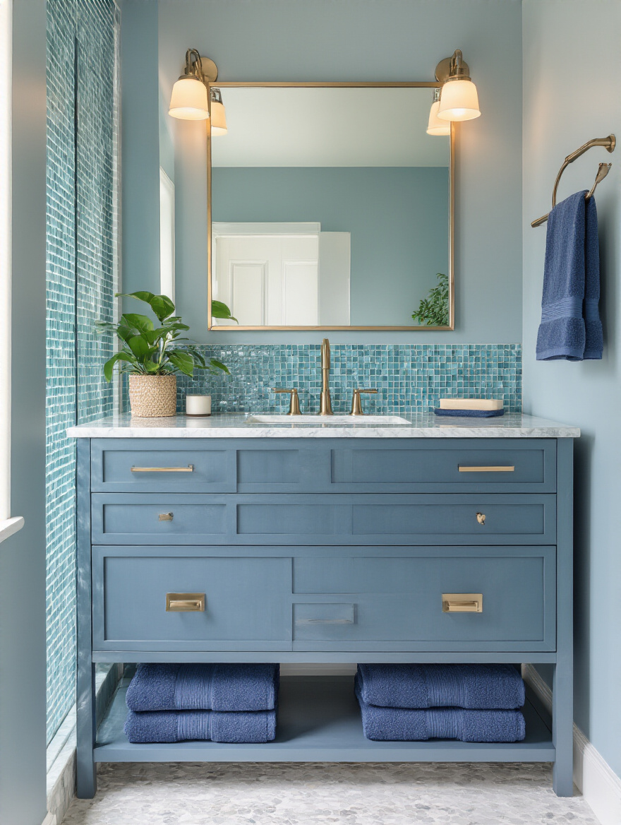 Vertical photo of a serene blue bathroom with layered blue walls, denim-blue vanity, navy towels, marble counter, and teal mosaic shower niche under soft natural light.