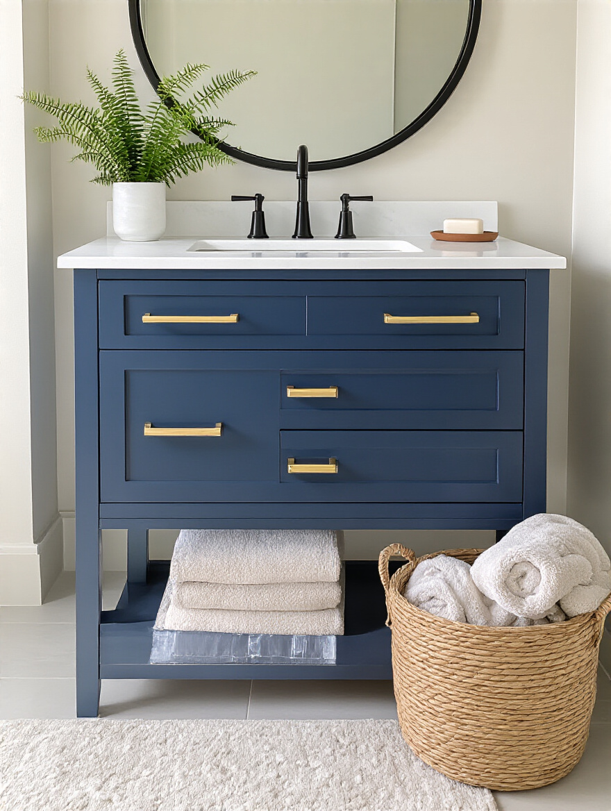 Portrait photo of a modern bathroom with a navy blue vanity cabinet, white quartz countertop, brass hardware and round mirror