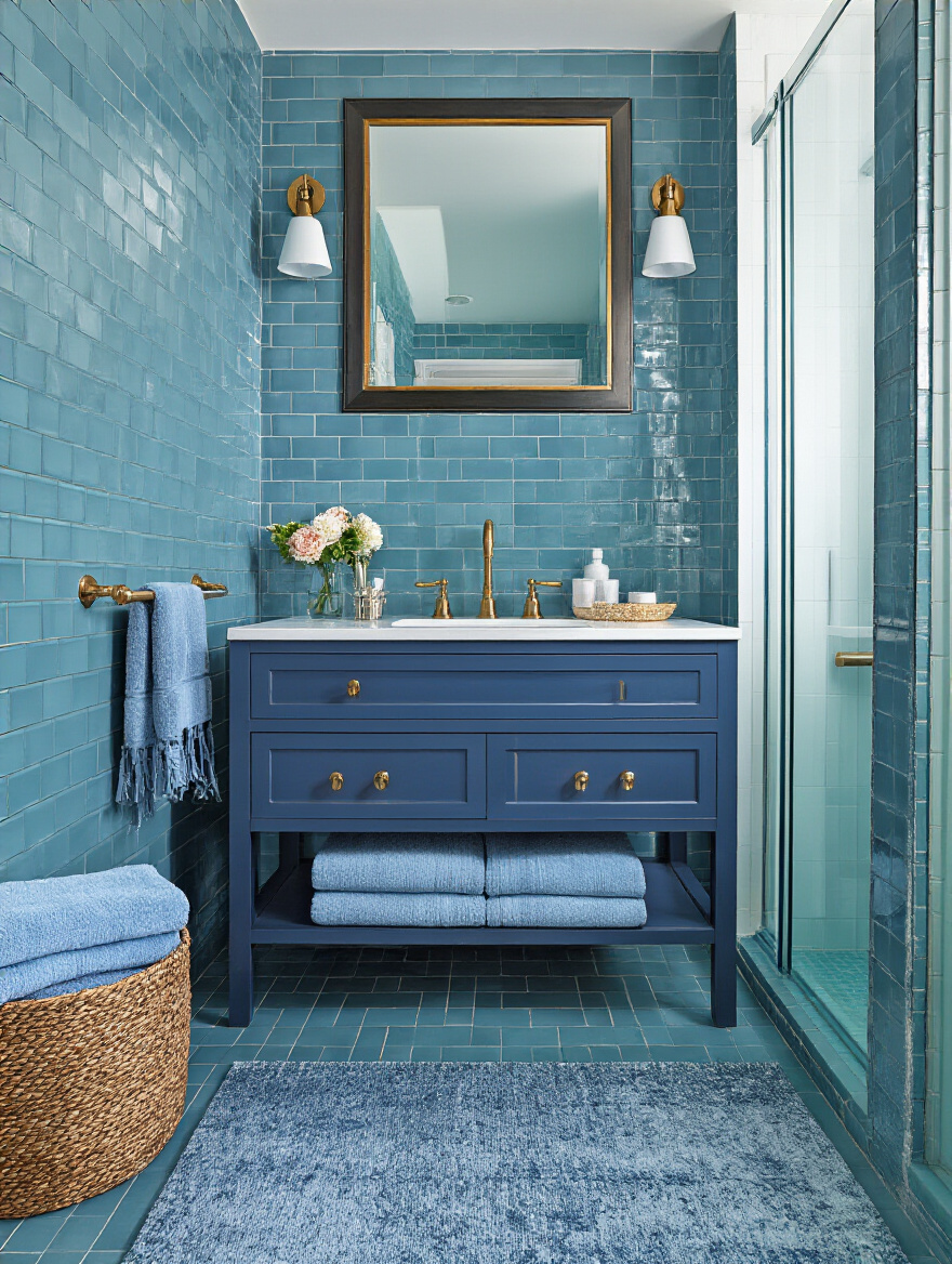 Vertical photo of a layered blue bathroom with cerulean walls, navy floating vanity, and aqua mosaic shower floor