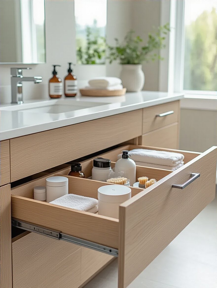 Modern bathroom vanity with smart pull-out tray drawers fully extended showing organized toiletries and cleaning supplies