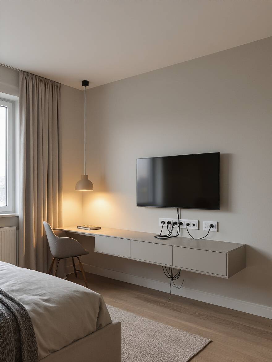 Modern apartment bedroom corner with concealed cords and cables for a clutter-free look