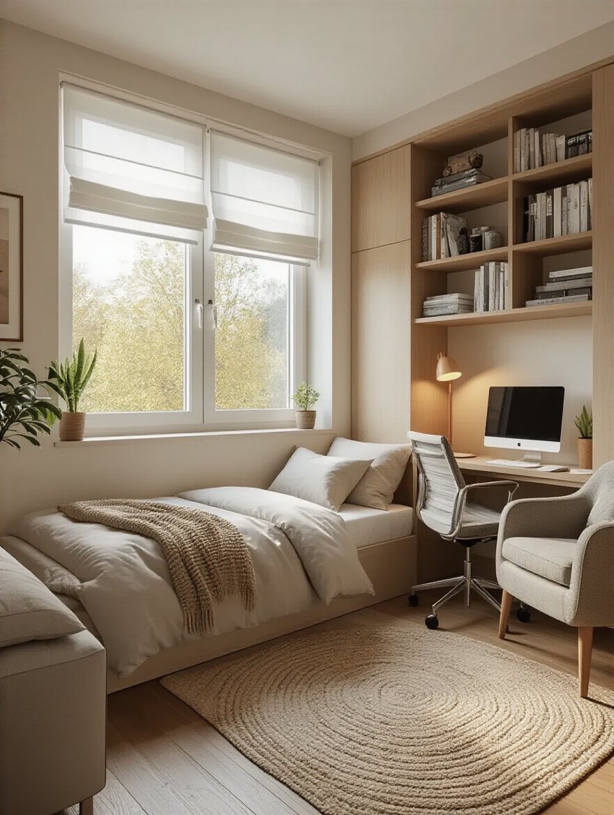 Small bedroom with distinct zones for sleeping, working, and relaxing separated by furniture and lighting