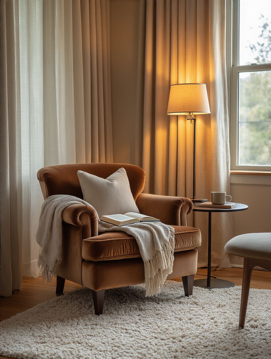 Cozy reading nook with snug armchair and warm reading lamp in a modern living room