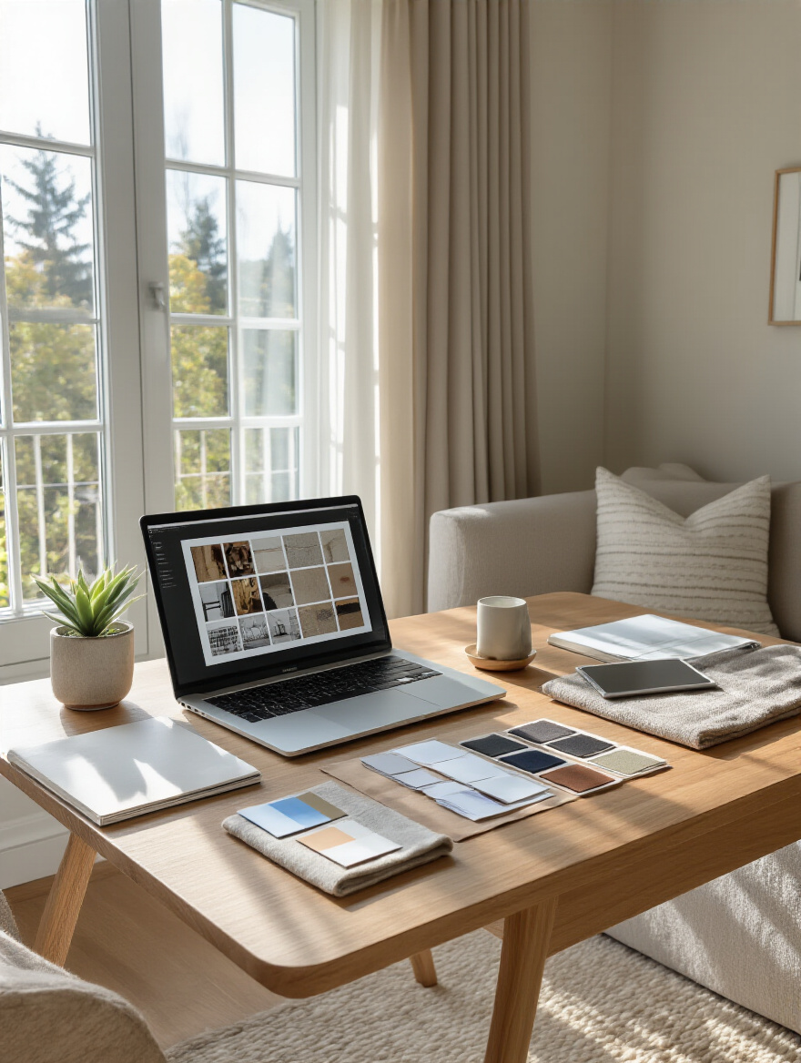 Portrait photo of a desk with a laptop showing a digital mood board, swatches, and plant in a bright living room