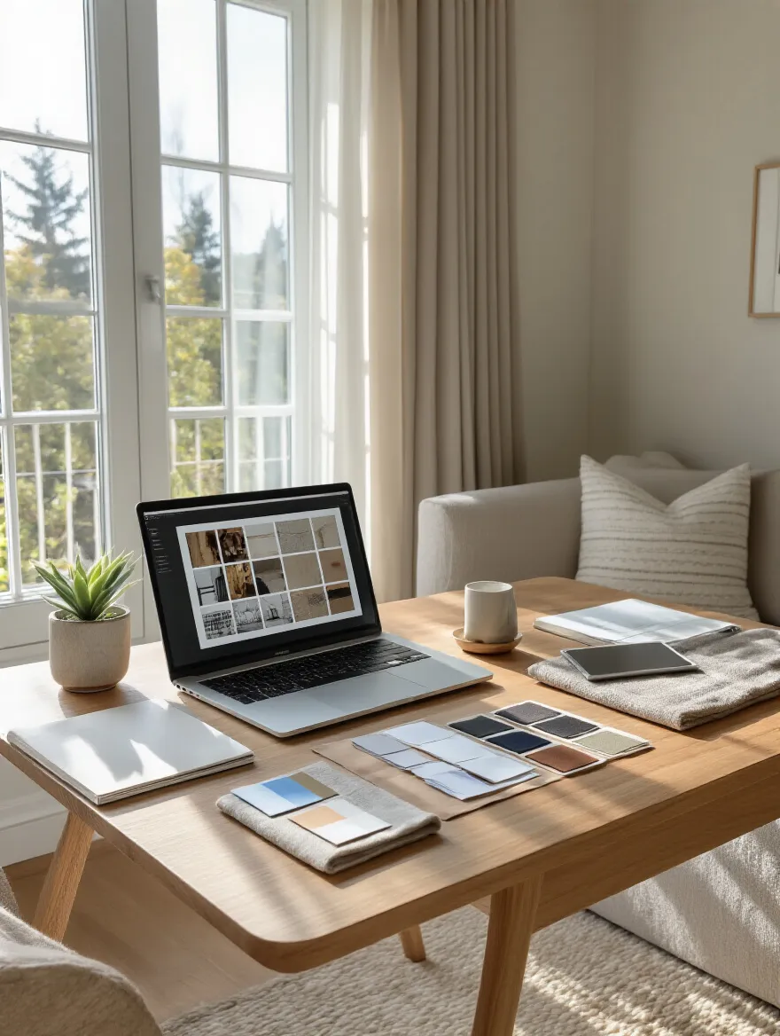 Portrait photo of a desk with a laptop showing a digital mood board, swatches, and plant in a bright living room