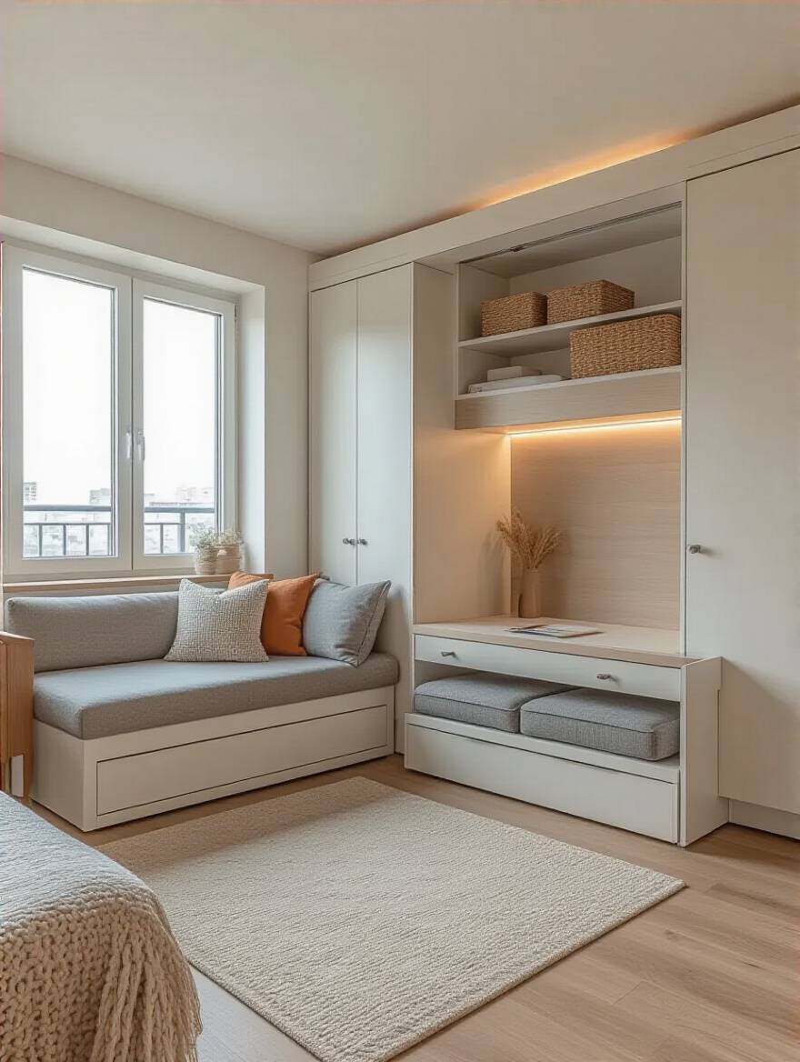Apartment bedroom with flexible layout featuring modular furniture and adaptable design for future adjustments