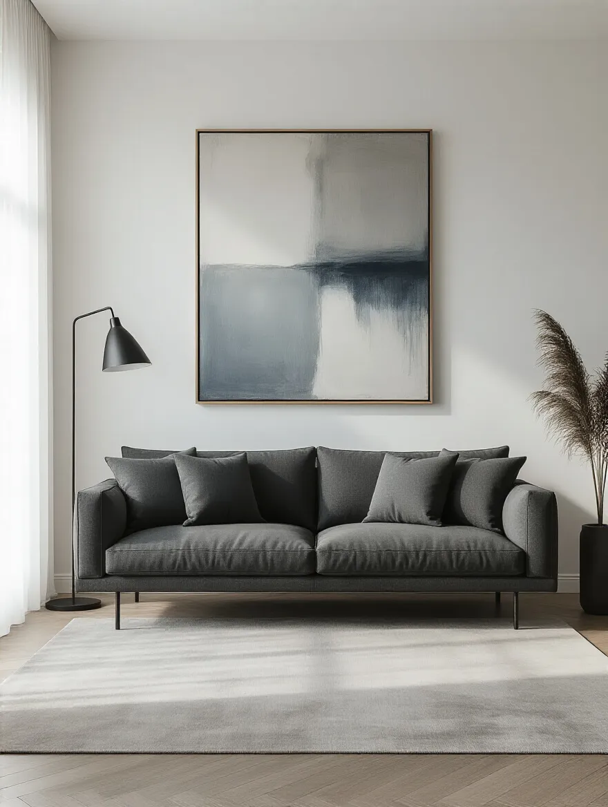 Minimalist living room with one large artwork on a clean wall and soft daylight