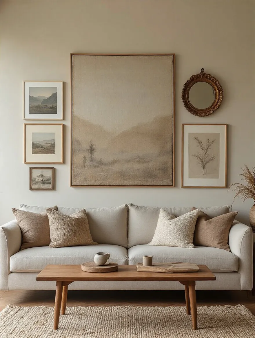 Vertical view of a living room wall gallery that tells a personal story