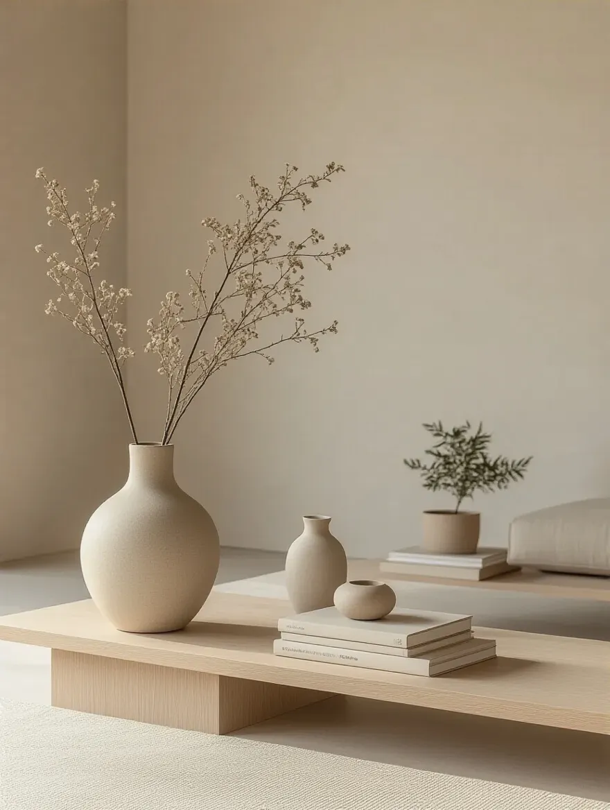 Vertical shot of a minimalist living room surface with carefully curated display items, soft natural light, neutral tones.