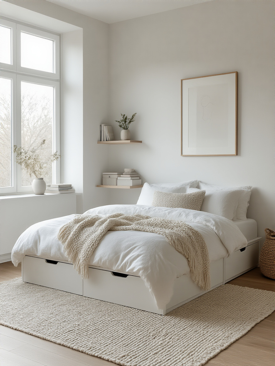 Small bedroom with minimalist decor featuring light neutral colors, simple furniture, and subtle textures without overwhelming patterns