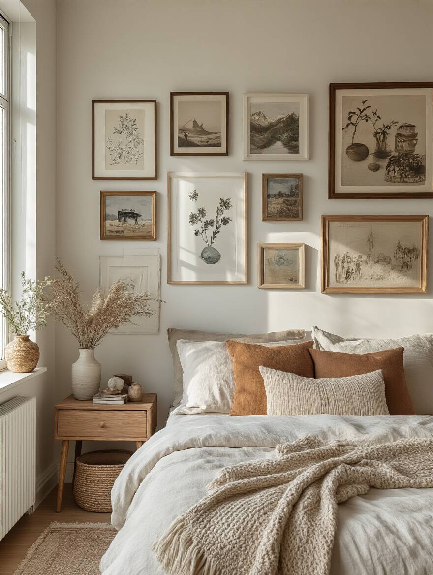 Apartment bedroom corner with curated personal art and unique decor reflecting personality, well-lit and styled