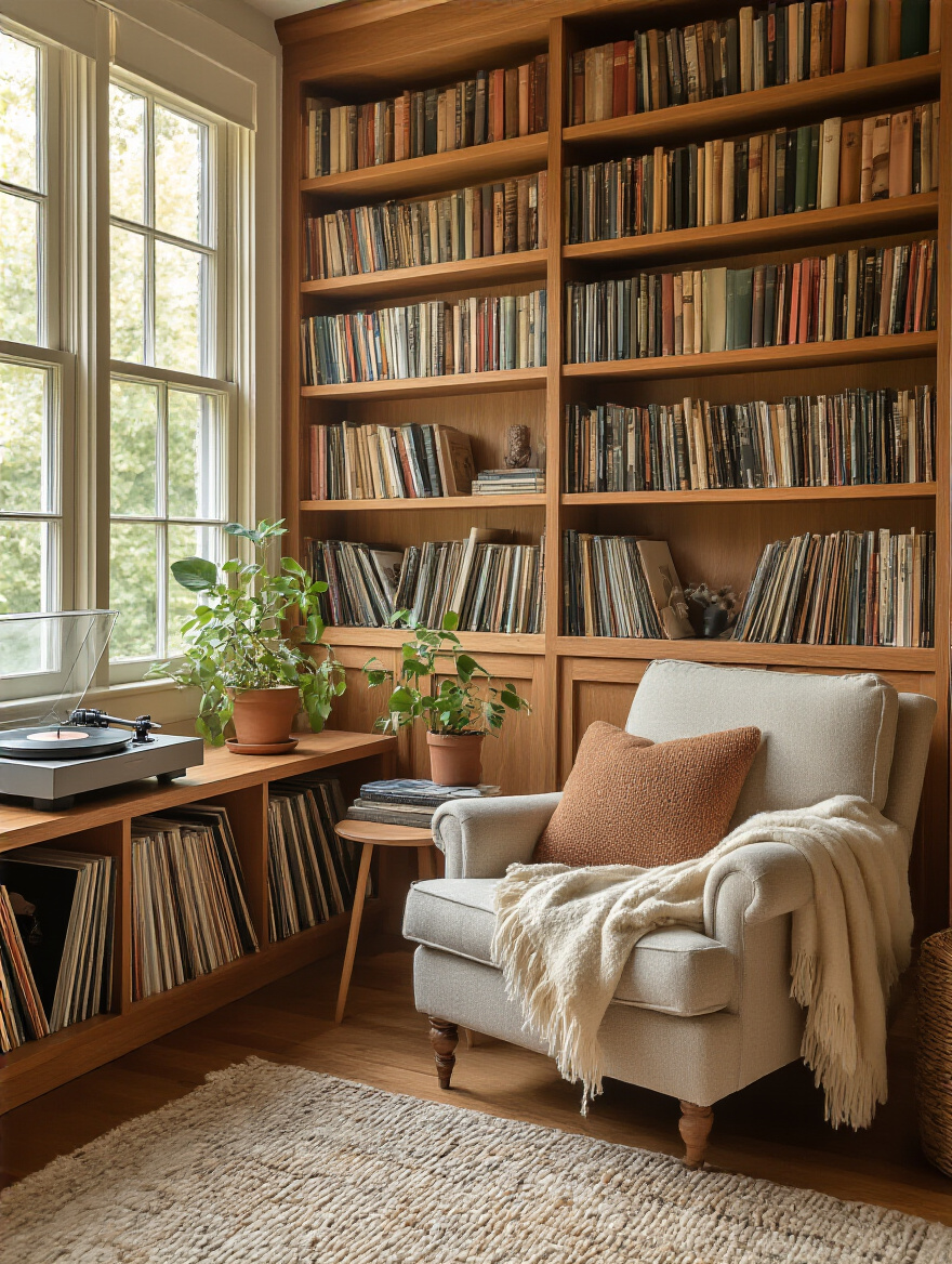 Cozy living room corner with built-in shelves of books and vinyl records, a plush chair, warm lighting, and plants; no people.