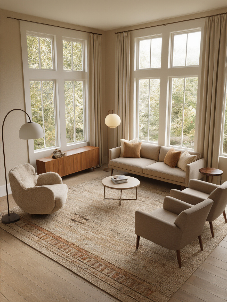 Portrait view of a living room showing clearly defined cozy zones with distinct seating areas and rugs