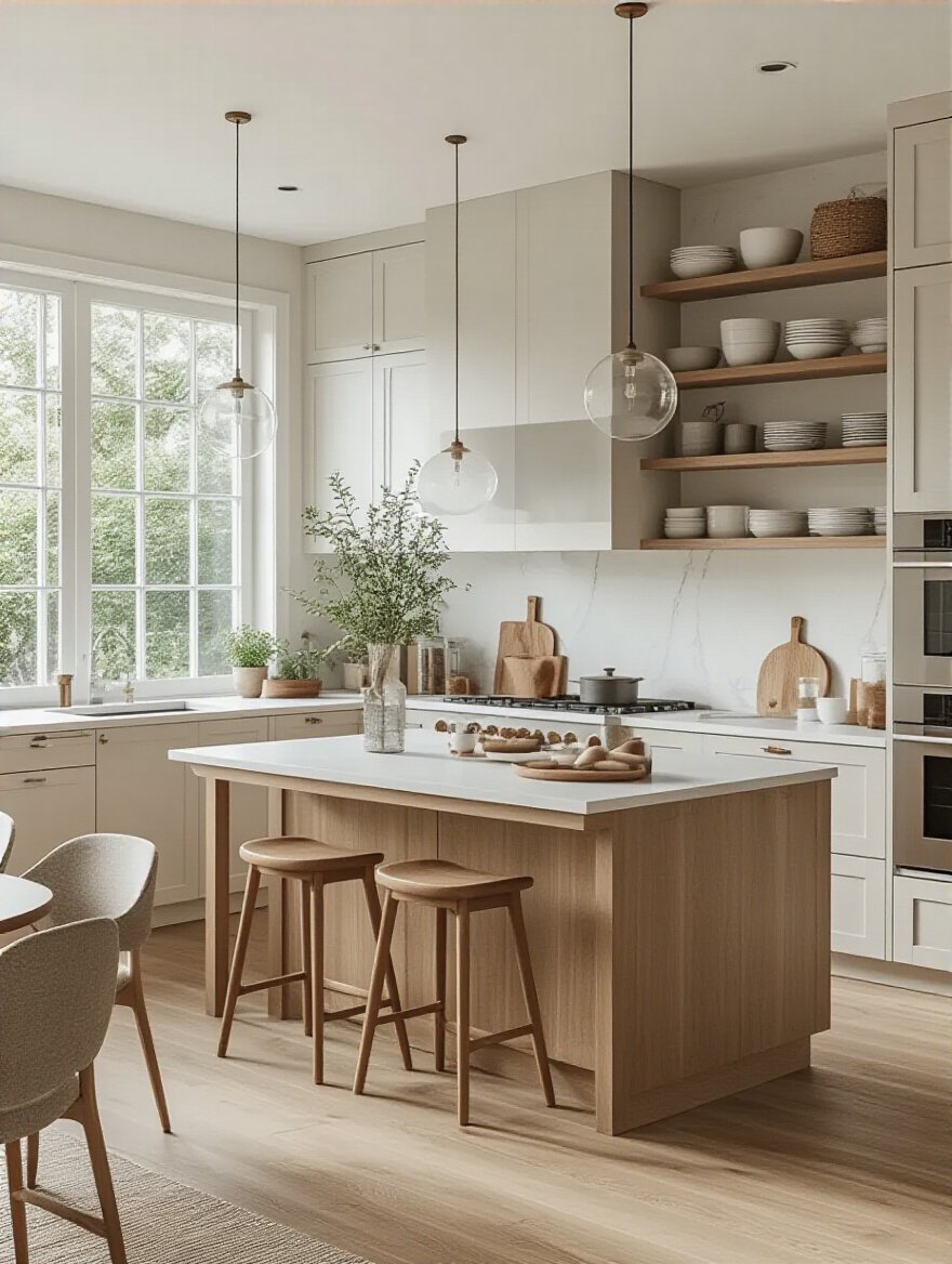 Modern kitchen interior showing optimized furniture placement based on defined core purpose, with central island and ergonomic cabinetry, natural lighting, no people