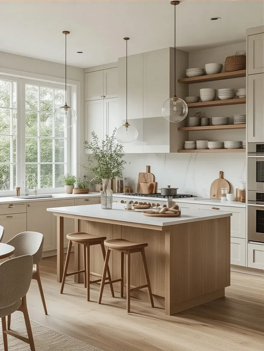 Modern kitchen interior showing optimized furniture placement based on defined core purpose, with central island and ergonomic cabinetry, natural lighting, no people