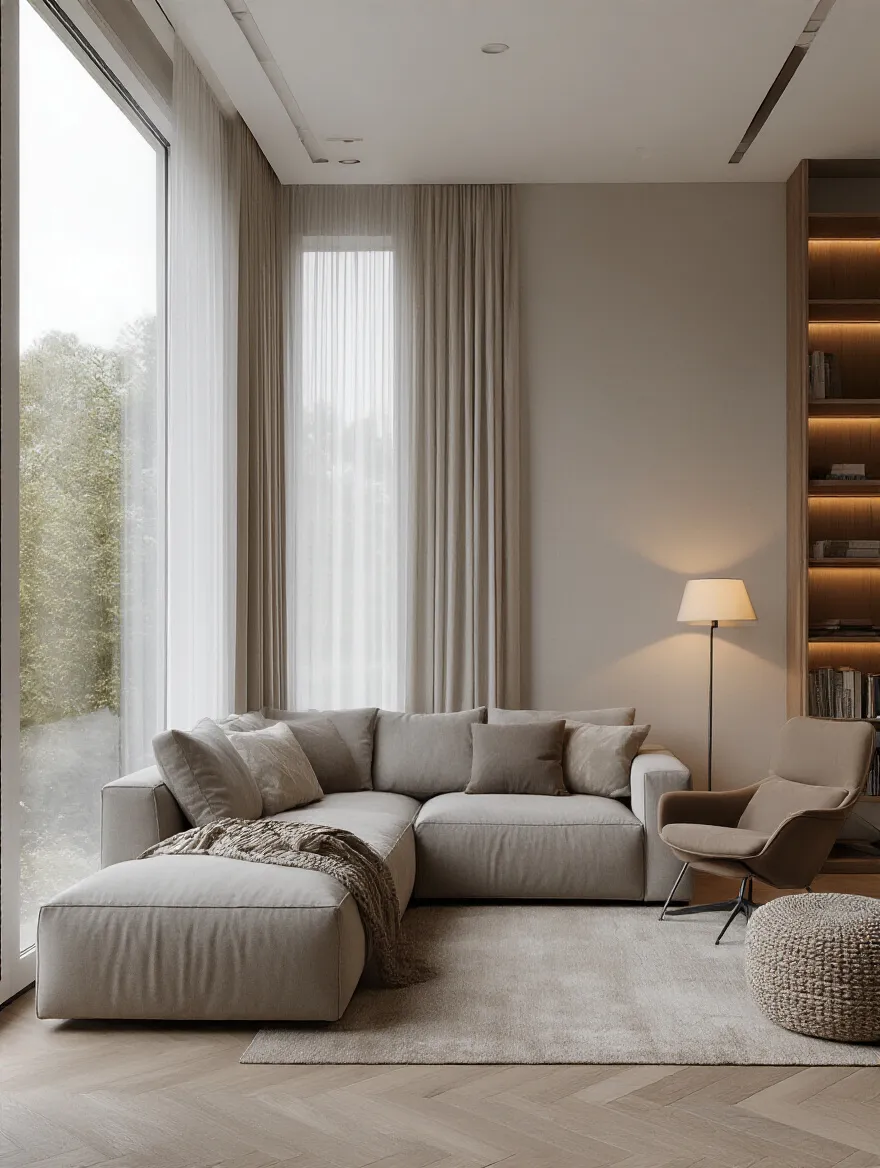 Portrait view of a function-driven living room showing defined zones for conversation, reading, and storage.