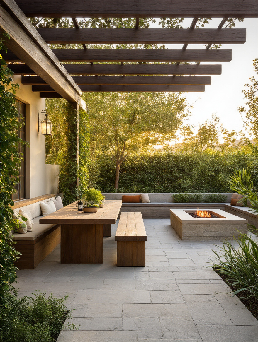Vertical portrait of a purpose-driven patio with a dining zone under a pergola and a cozy fire pit lounge during warm evening light.