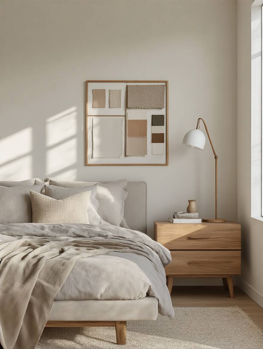 Cohesive and personalized apartment bedroom corner featuring mood board and minimalist decor