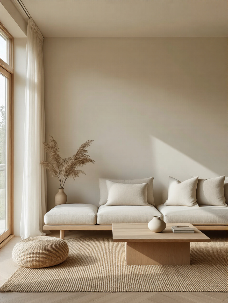 Portrait view of a serene, minimalist living room designed for calm space with natural light and neutral textures.
