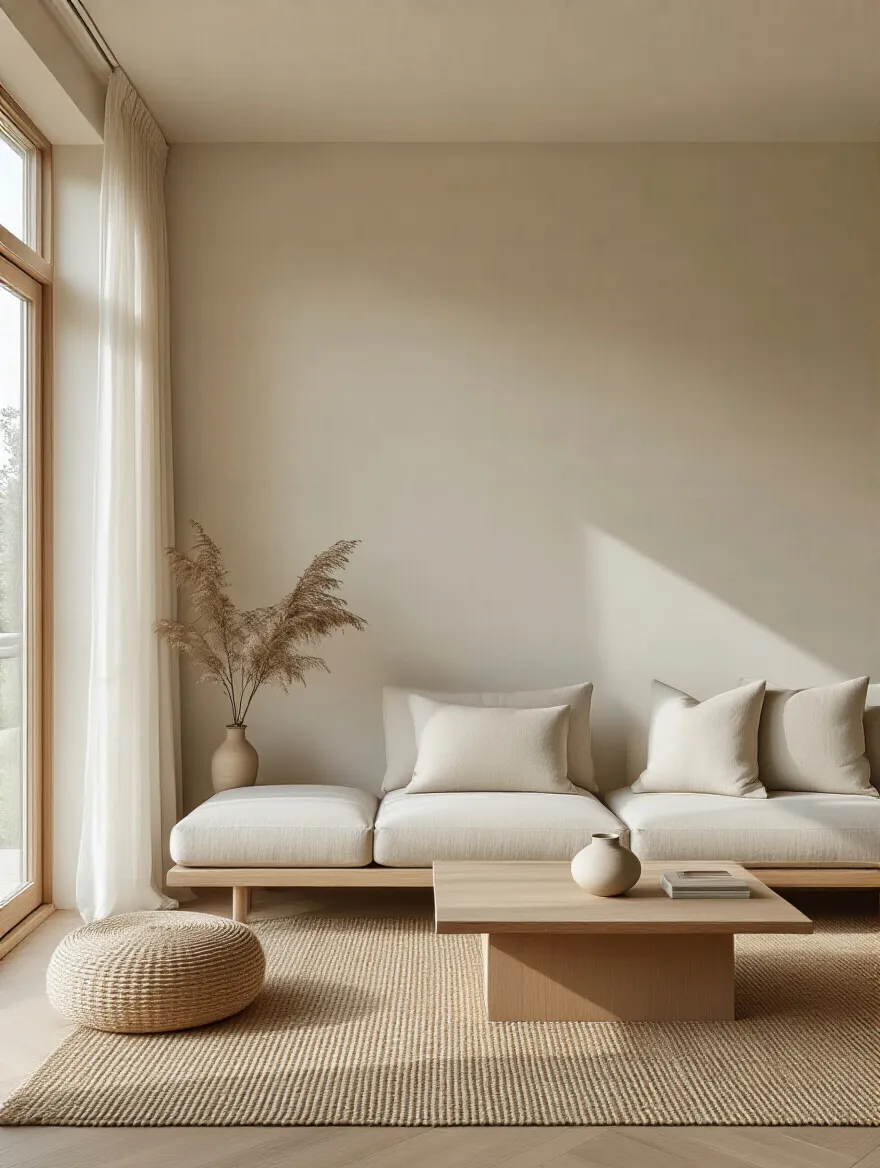 Portrait view of a serene, minimalist living room designed for calm space with natural light and neutral textures.