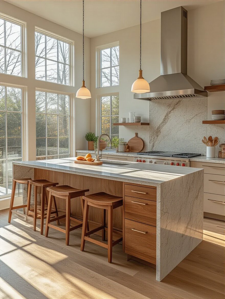 Modern multifunctional kitchen island with prep and dining zones, quartz and wood surfaces, natural lighting, and integrated storage