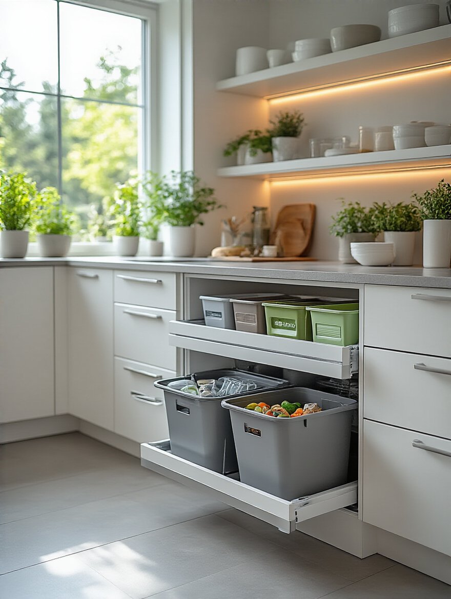 Modern kitchen with integrated pull-out cabinet for recycling and waste management bins