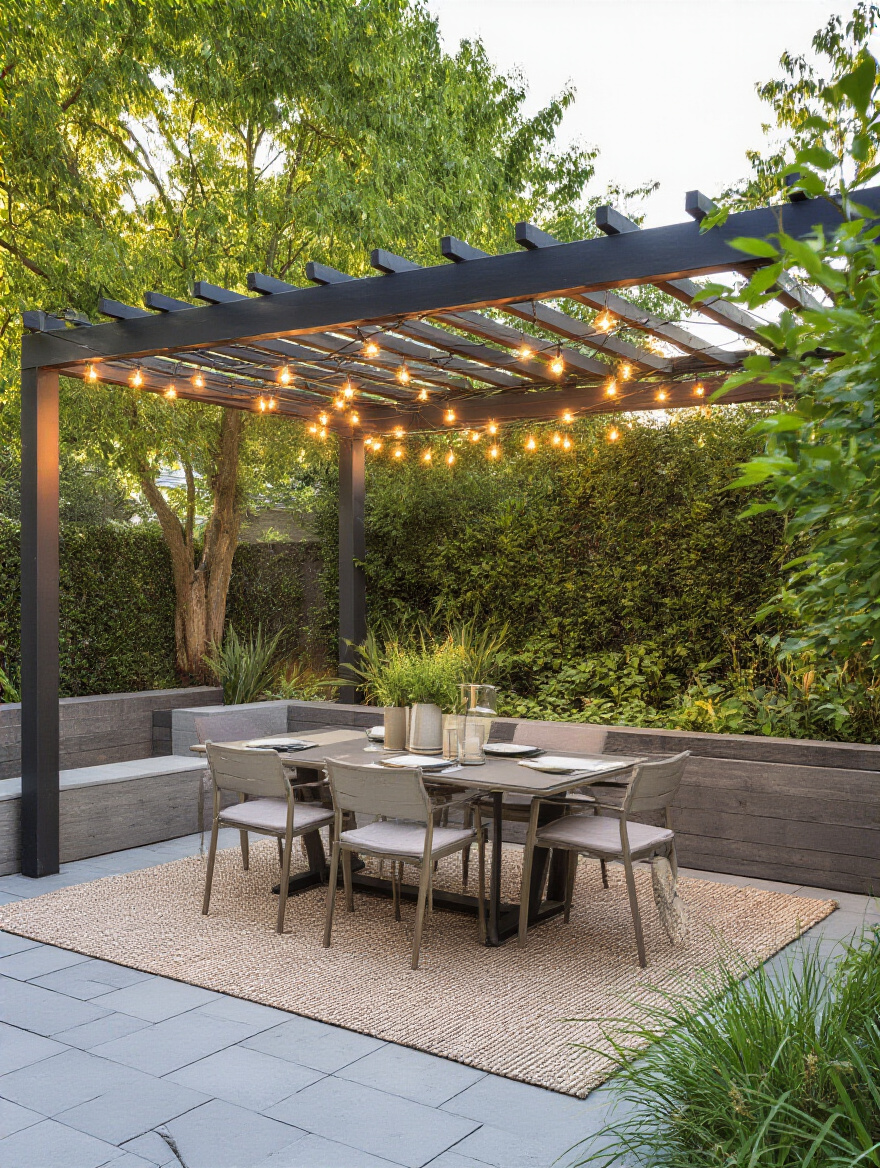 Vertical backyard patio with a defined outdoor dining area, featuring a table, chairs, rug, planters, and string lights under a pergola.