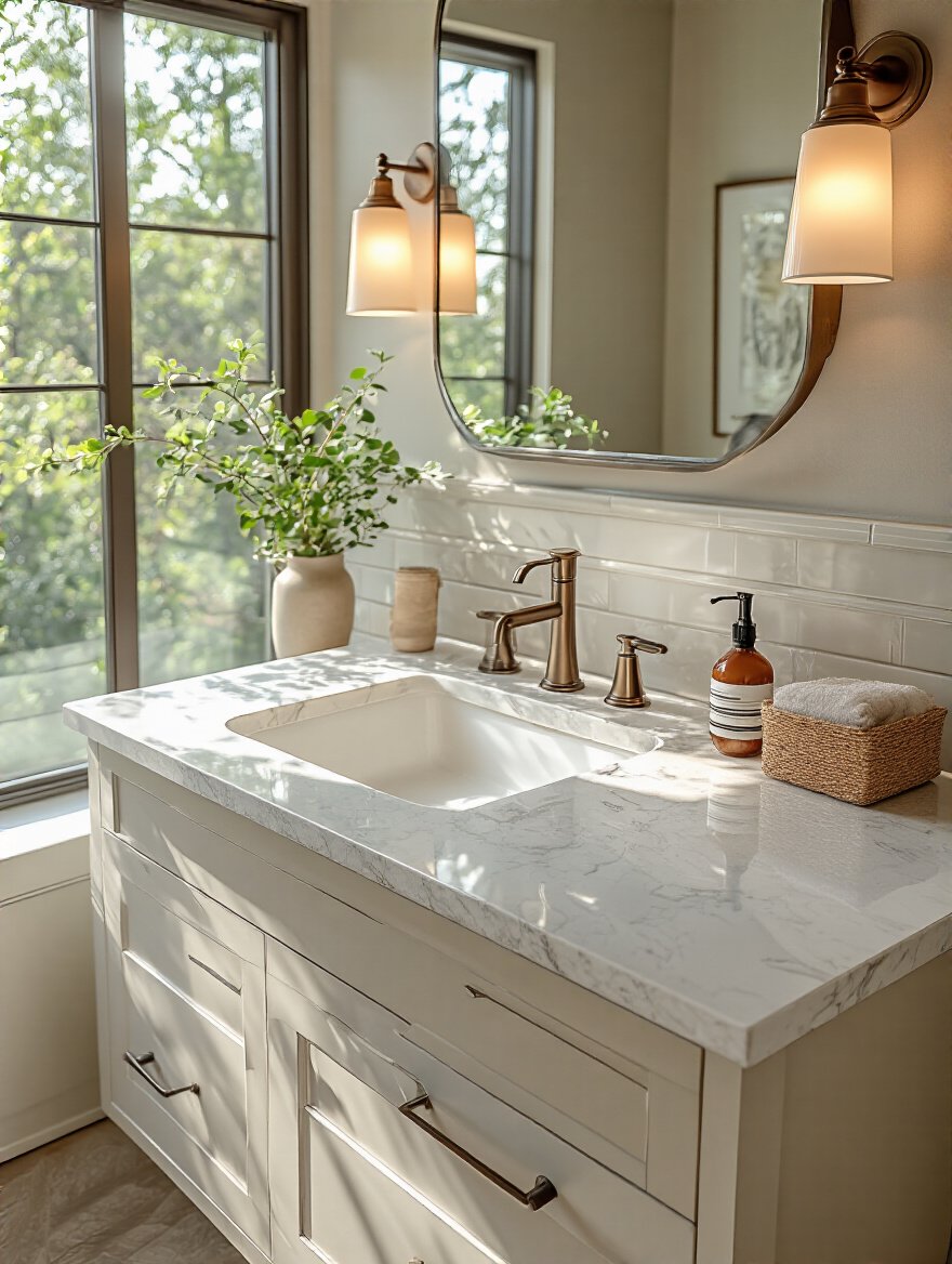 Modern bathroom vanity with durable and aesthetic quartz countertop under natural lighting
