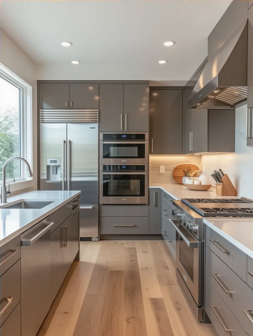 Modern kitchen with built-in appliances optimally placed relative to sleek cabinetry in a bright and functional setting
