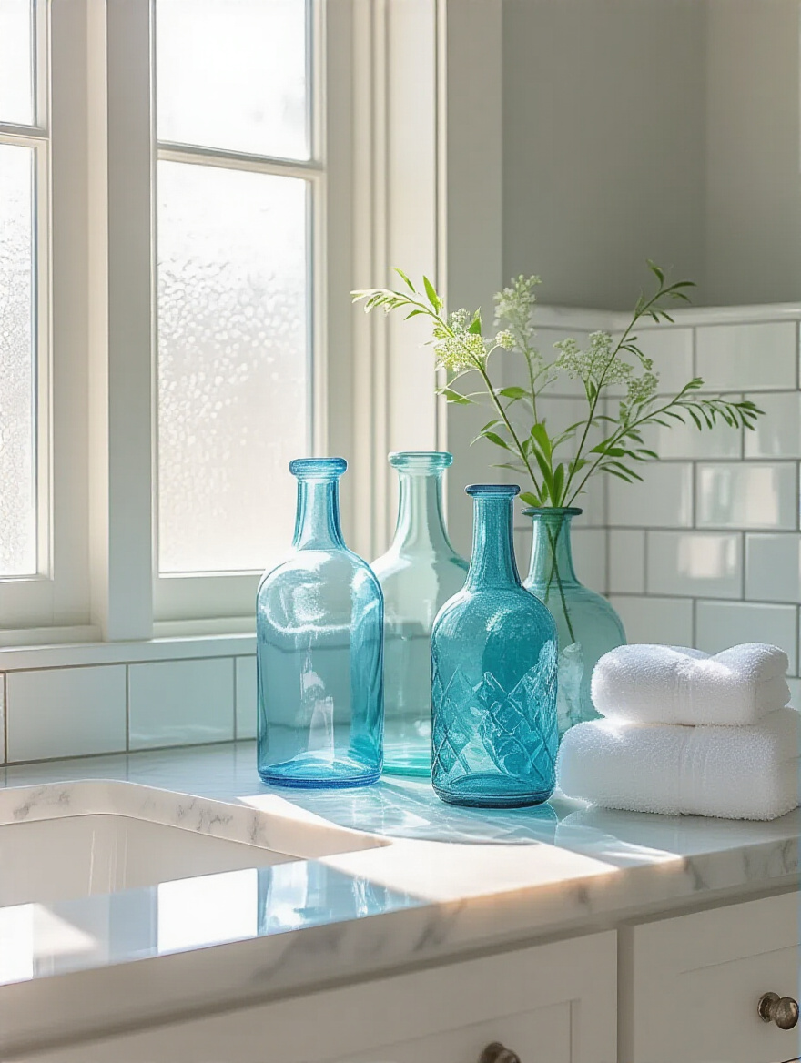 Vertical photo of blue and turquoise glass decor bottles on a white vanity casting soft blue reflections on subway tile
