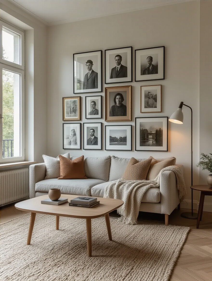 Cozy living room with gallery wall of personal photographs in varied frames above a sofa.