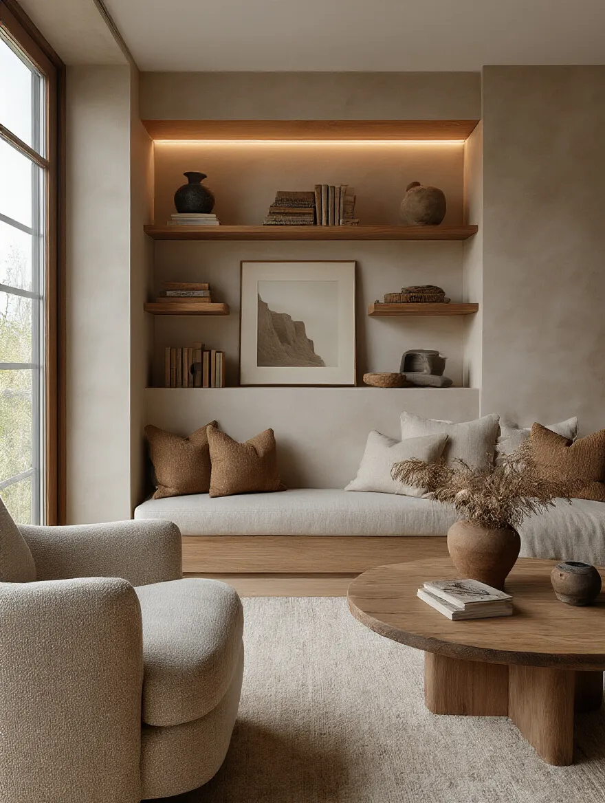 Vertical living room vignette with shelves of personal collections highlighted by warm lighting.
