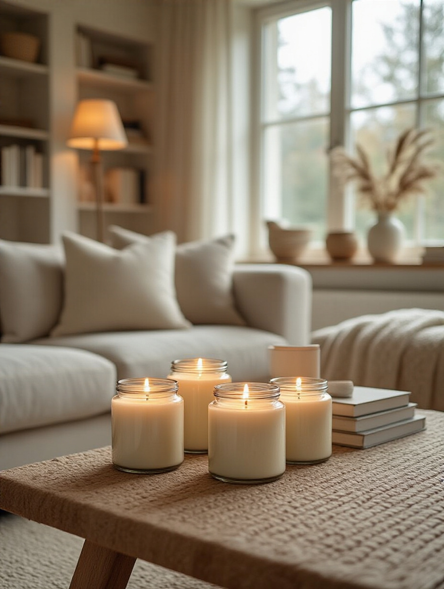 Cozy living room with dot scented soy candles on coffee table and shelves, warm ambient lighting, neutral decor.