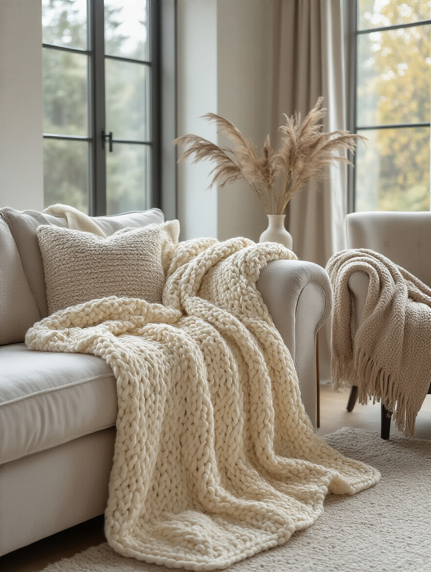 Cream and taupe luxurious knit throws draped over a plush sofa in a cozy living room with warm lighting.