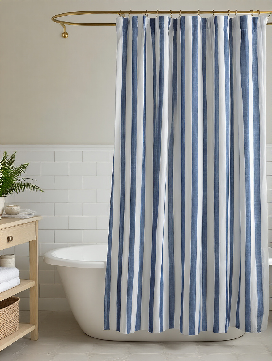 Flowing blue and white striped shower curtain in a serene bathroom with tub, oak vanity, plants, and soft natural light