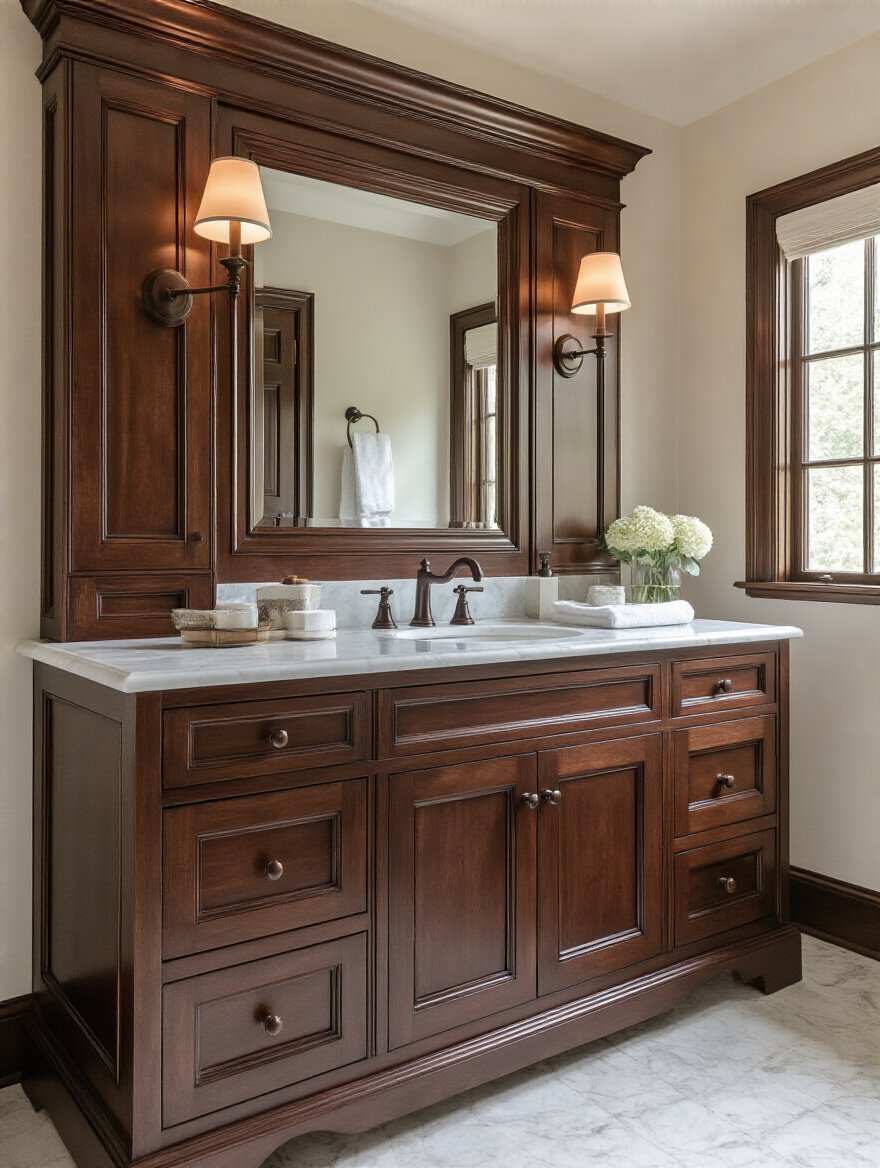 Classic bathroom with elegant traditional dark wood vanity and marble countertop under layered warm lighting