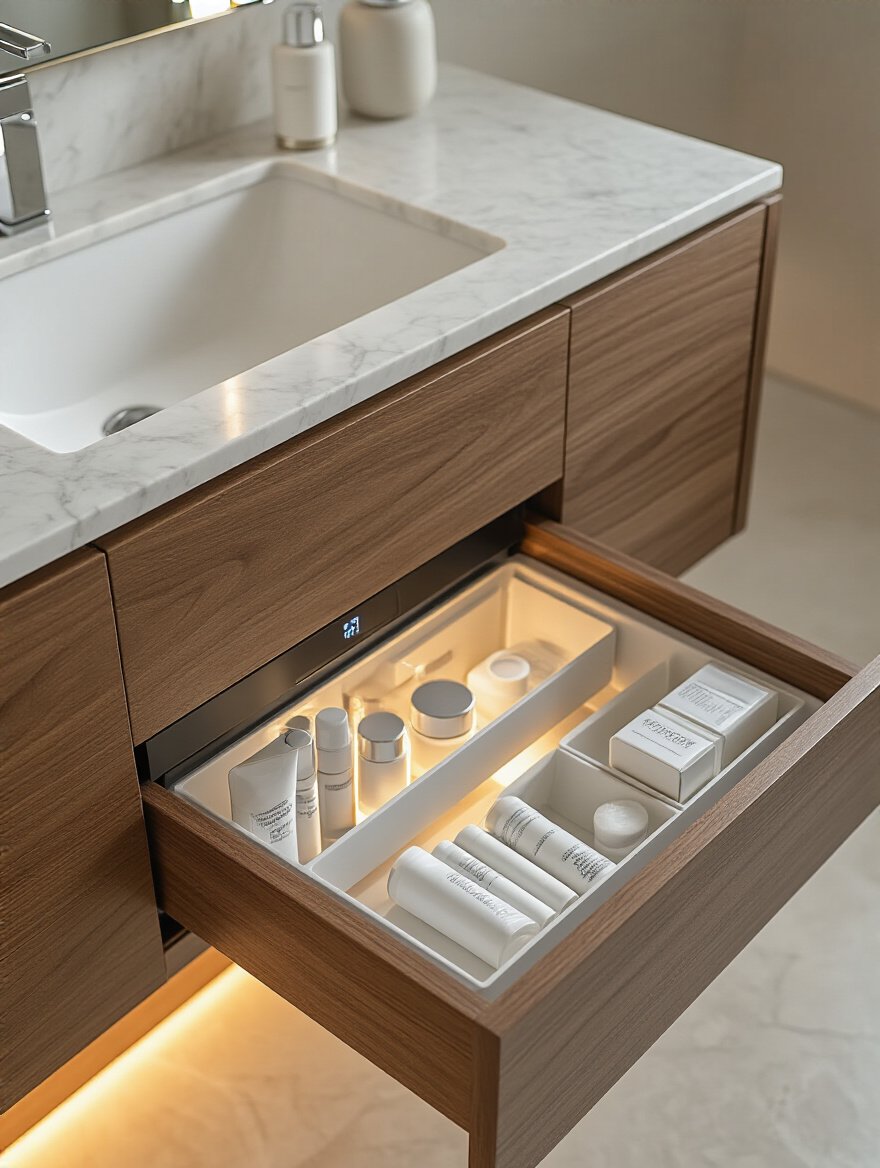 Luxury bathroom vanity with integrated refrigerated skincare drawer open showing organized skincare products